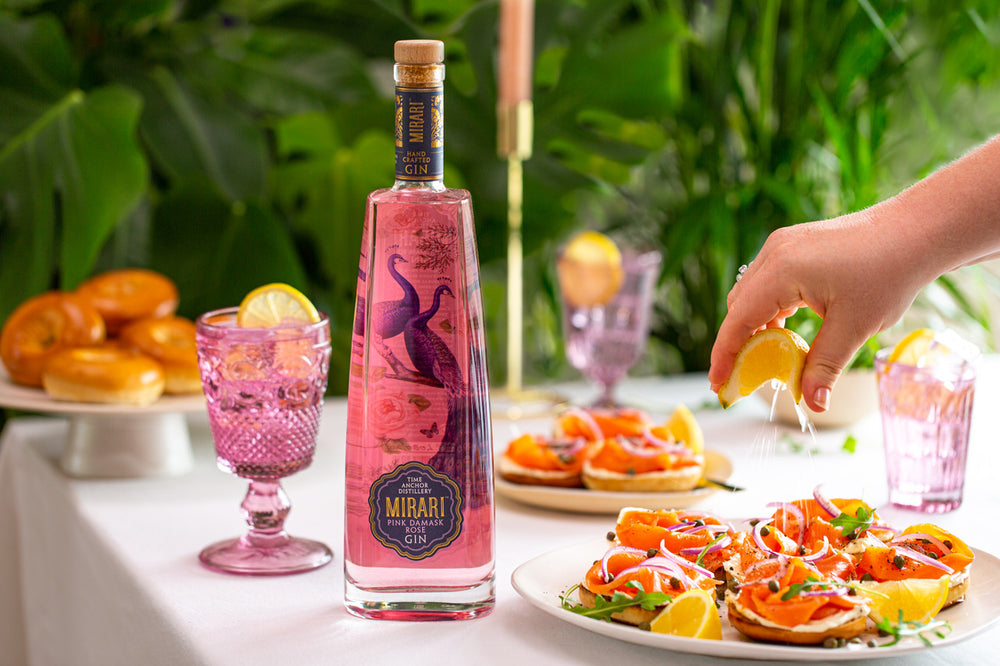 A Delicate Harmony: Mirari Pink Damask Rose G&T Paired with Salmon & Cream Cheese Bagels